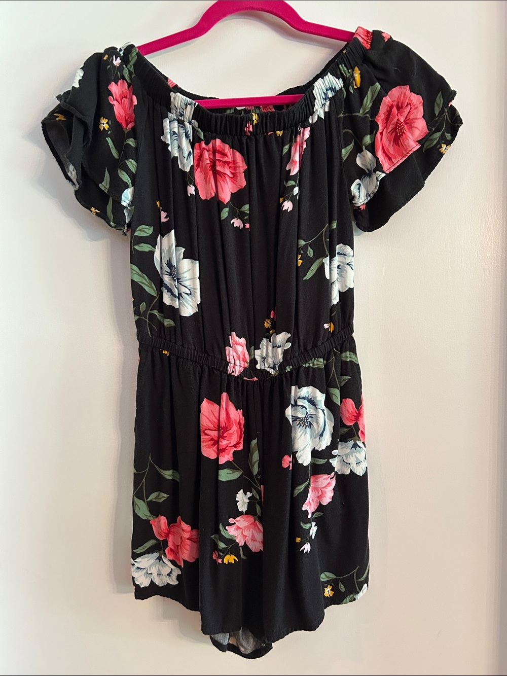 Old Navy Black Floral Off-Shoulder Romper with Pink and White Flowers